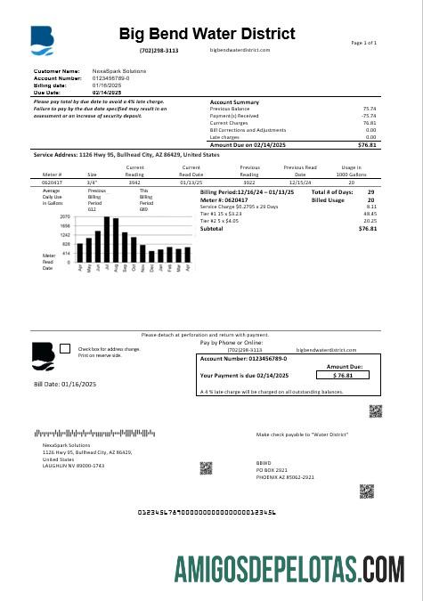 realista Modelo de conta de serviços públicos do distrito de água Big Bend dos EUA Nevada em formatos Word e PDF